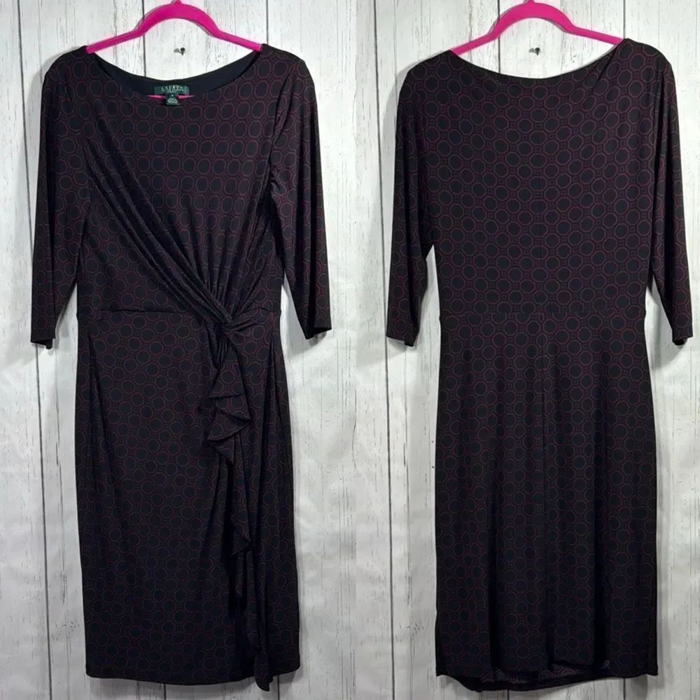 Lauren Ralph Lauren Black Burgundy Geometric Faux Wrap Dress Size 12 Career
